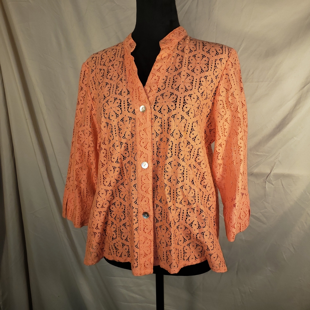 Elegant Ruby Rd. Light Coral Lace Button-Down Shirt - 10